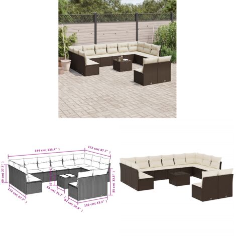 vidaXL 13-tlg. Garten-Sofagarnitur mit Kissen Braun Poly Rattan