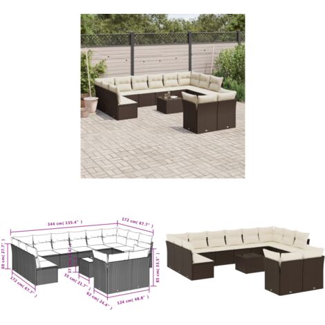 vidaXL 13-tlg. Garten-Sofagarnitur mit Kissen Braun Poly Rattan