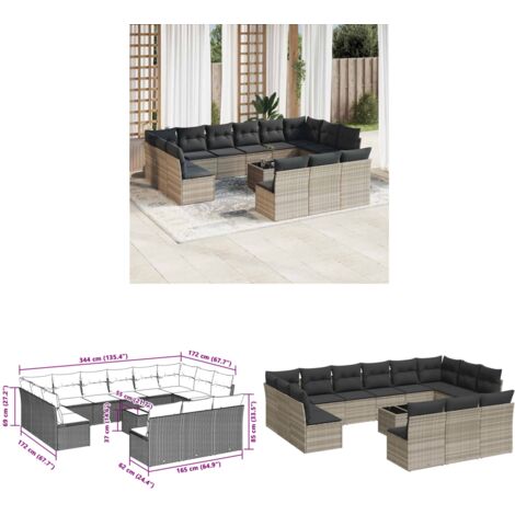 vidaXL 14-tlg. Garten-Sofagarnitur mit Kissen Hellgrau Poly Rattan