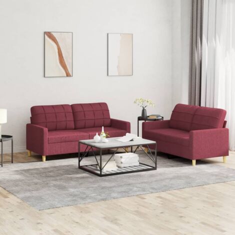 vidaXL 2er Sofa Set mit Kissen Bordeaux Rot Stoff