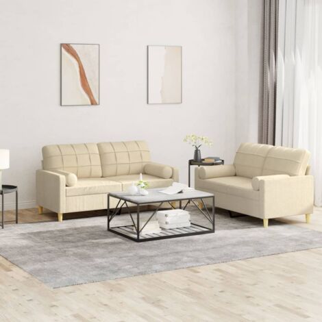 vidaXL 2er-Sofa-Set mit Kissen Creme Stoff