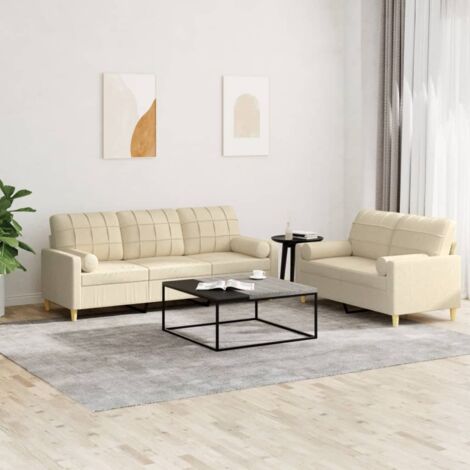 vidaXL 2er-Sofa-Set mit Kissen in Creme-Stoff