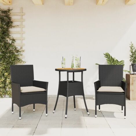 vidaXL 3 Piece Garden Dining Set with Cushions Black Poly Rattan and Acacia
