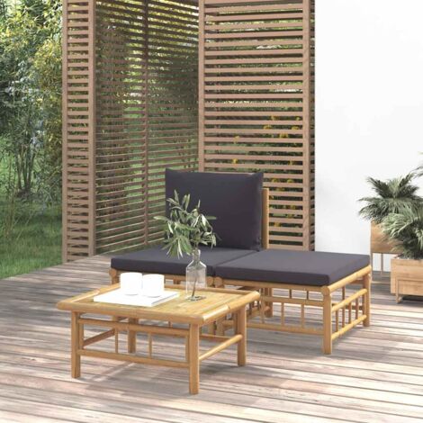 Vidaxl – Salon de jardin 3 pcs en bambou avec coussins gris foncé – Canapé central et repose-pied modulables – Table basse 65x55x30 cm