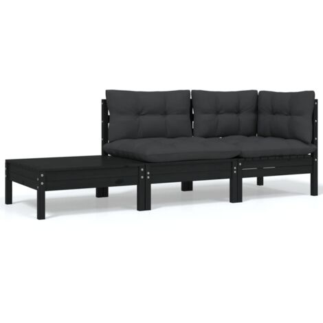 vidaXL 3-tlg. Garten-Lounge-Set mit Kissen Schwarz Kiefer Massivholz