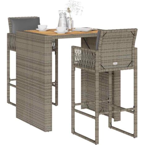vidaXL 3-tlg. Gartenbar-Set mit Kissen Grau Poly Rattan Akazie
