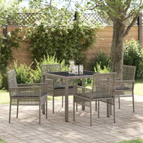 vidaXL 5-teiliges Garten-Esszimmer-Set mit Kissen Grau Poly-Rattan