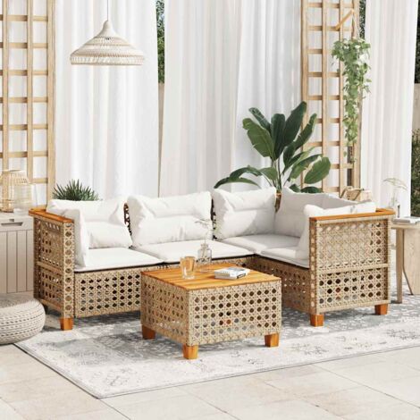 vidaXL 5-tlg. Garten-Sofagarnitur mit Kissen Beige Poly Rattan
