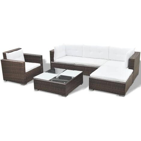 vidaXL 6 Piece Garden Lounge Set with Cushions Poly Rattan Brown - Brown