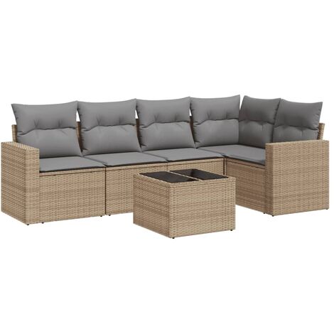 vidaXL 6-tlg. Garten-Sofagarnitur mit Kissen Beige Poly Rattan
