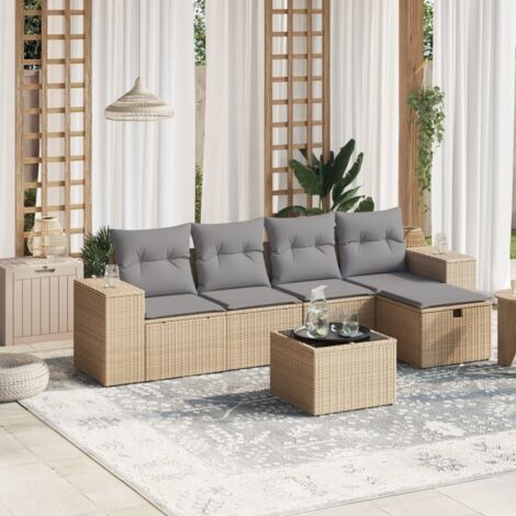 vidaXL 6-tlg. Garten-Sofagarnitur mit Kissen Beige Poly Rattan