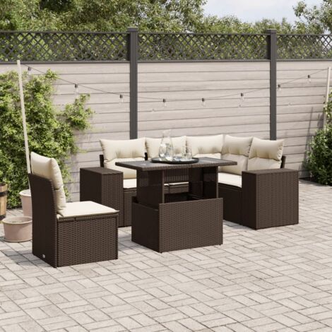 vidaXL 6-tlg. Garten-Sofagarnitur mit Kissen Braun Poly Rattan