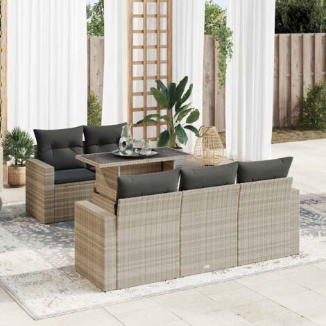 vidaXL 6-tlg. Garten-Sofagarnitur mit Kissen Hellgrau Poly Rattan