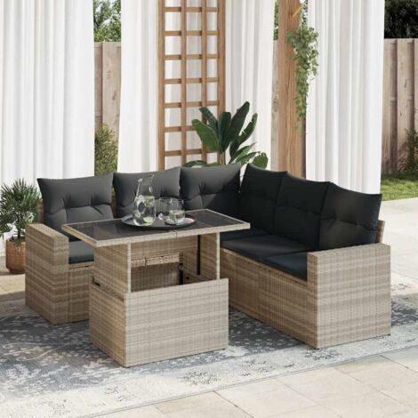 vidaXL 6-tlg. Garten-Sofagarnitur mit Kissen Hellgrau Poly Rattan