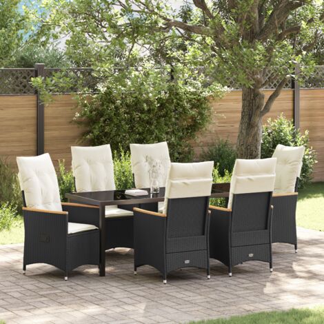 vidaXL 7 Piece Garden Dining Set with Cushions Black Poly Rattan