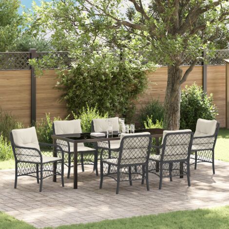 vidaXL 7 Piece Garden Dining Set with Cushions Black Poly Rattan