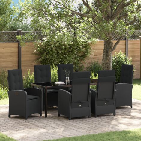 vidaXL 7 Piece Garden Dining Set with Cushions - Black Poly Rattan