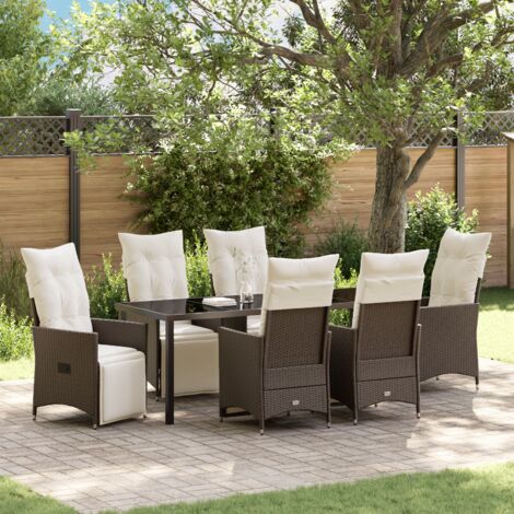 vidaXL 7 Piece Garden Dining Set with Cushions Brown Poly Rattan
