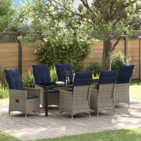 vidaXL 7 Piece Garden Dining Set with Cushions Grey Poly Rattan