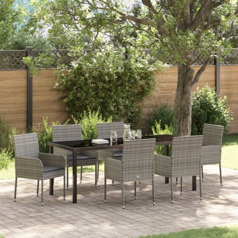 vidaXL 7 Piece Garden Dining Set with Cushions Grey Poly Rattan