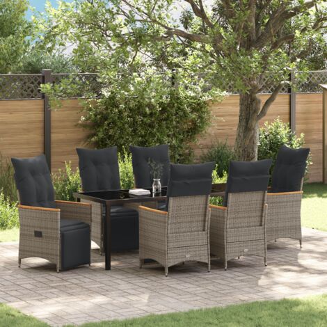 vidaXL 7 Piece Garden Dining Set with Cushions Grey Poly Rattan