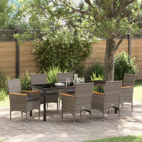 vidaXL 7 Piece Garden Dining Set with Cushions Grey Poly Rattan
