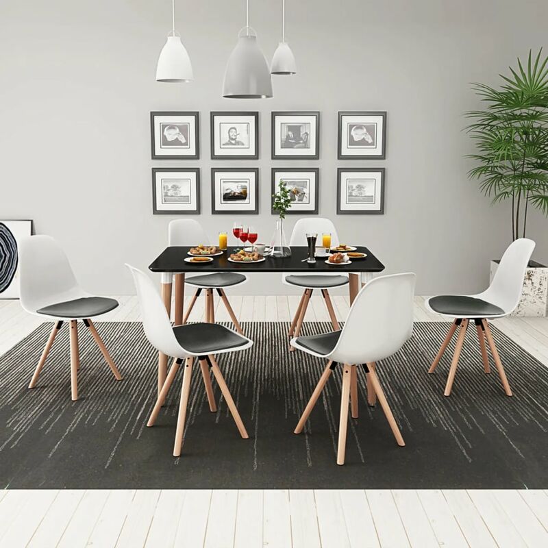 7-teilige Essgruppe Tisch Stühle Schwarz und Weiß