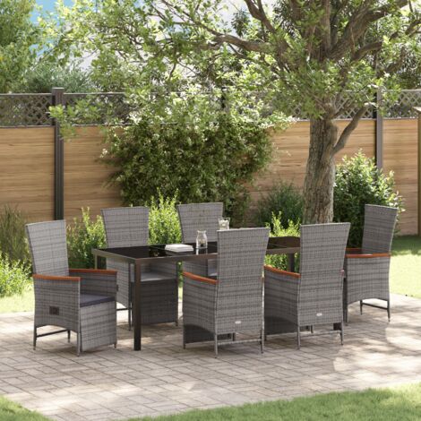 vidaXL 7-teiliges Garten-Dining-Set mit Kissen Grau Poly Rattan