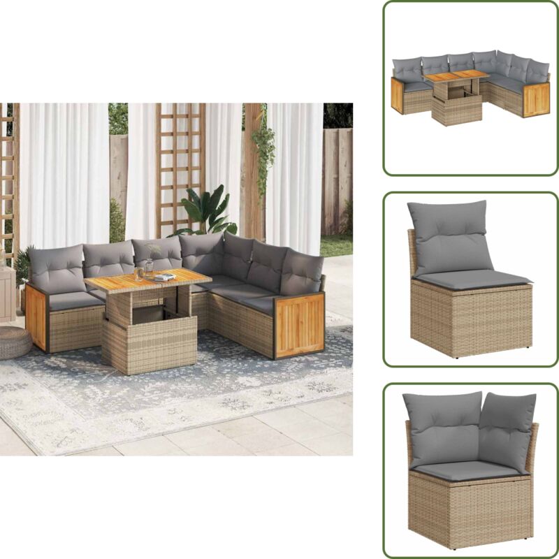 Vidaxl 7-tlg. Garten-sofagarnitur Mit Kissen Beige Poly Rattan Akazie