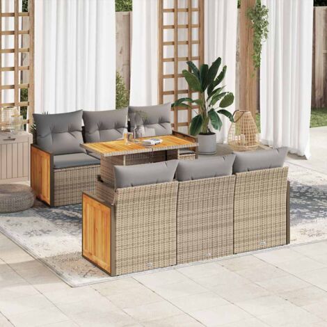 vidaXL 7-tlg. Garten-Sofagarnitur mit Kissen Beige Poly Rattan Akazie
