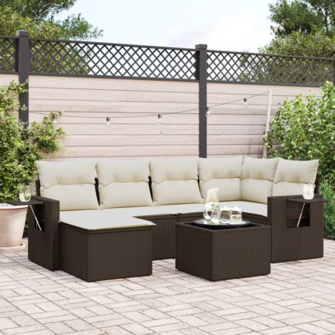 vidaXL 7-tlg. Garten-Sofagarnitur mit Kissen Braun Poly Rattan