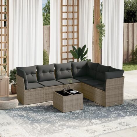 vidaXL 7-tlg. Garten-Sofagarnitur mit Kissen Grau Poly Rattan