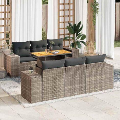 vidaXL 7-tlg. Garten-Sofagarnitur mit Kissen Grau Poly Rattan