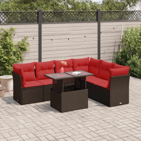 vidaXL 7-tlg. Garten-Sofagarnitur mit Kissen Grau Poly Rattan Akazie