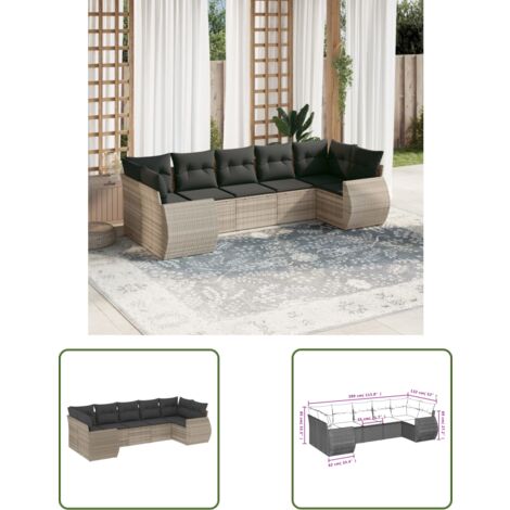 vidaXL 7-tlg. Garten-Sofagarnitur mit Kissen Hellgrau Poly Rattan