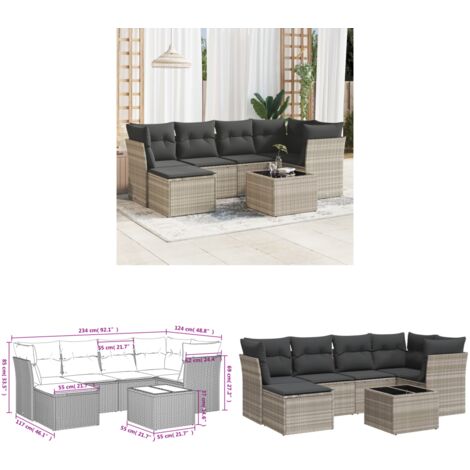 vidaXL 7-tlg. Garten-Sofagarnitur mit Kissen Hellgrau Poly Rattan