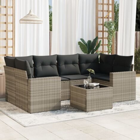vidaXL 7-tlg. Garten-Sofagarnitur mit Kissen Hellgrau Poly Rattan