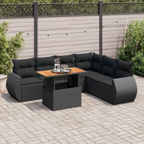 vidaXL 7-tlg. Garten-Sofagarnitur mit Kissen Schwarz Poly Rattan
