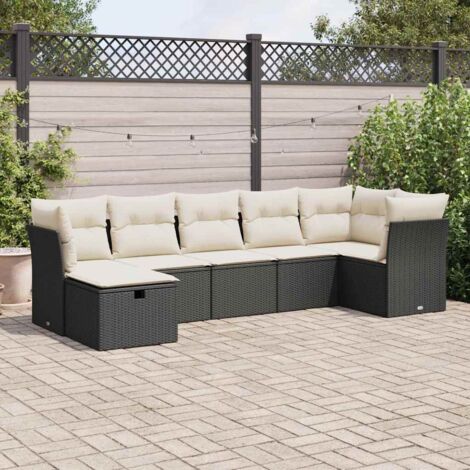 vidaXL 7-tlg. Garten-Sofagarnitur mit Kissen Schwarz Poly Rattan