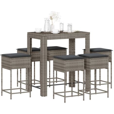 vidaXL 7-tlg. Gartenbar-Set mit Kissen Grau Poly Rattan