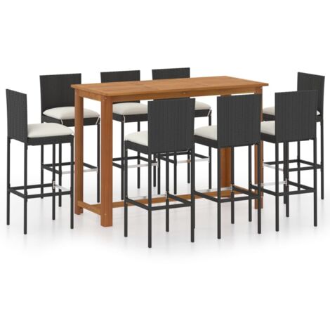 vidaXL 9 Piece Garden Bar Set with Cushions Poly Rattan Black
