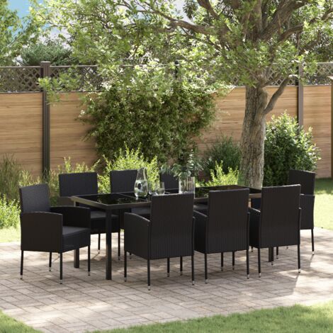 vidaXL 9 Piece Garden Dining Set with Cushions Black Poly Rattan