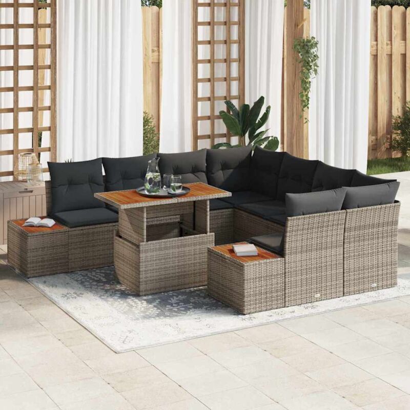 Garten-sofa-set Set Aus 9 Grau Rattan Und Holz Garten-sofa-set - Vidaxl