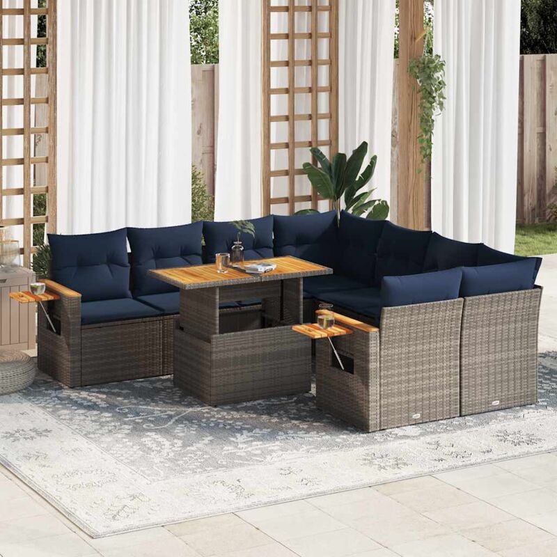 9-tlg. Garten-sofagarnitur Mit Kissen Grau Poly Rattan Vidaxl