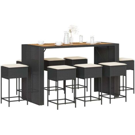 vidaXL 9-tlg. Gartenbar-Set mit Kissen Schwarz Poly Rattan