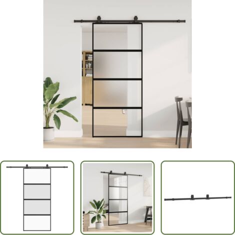 vidaXL Acero con recubrimiento en polvo -  Puerta corredera con herrajes negro 90x205 cm vidrio templado