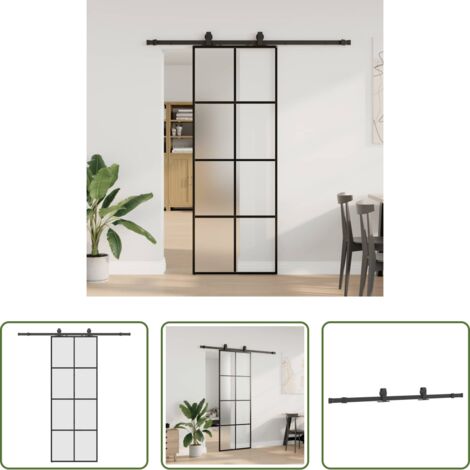 vidaXL Acero con recubrimiento en polvo -  Puerta corredera con juego herrajes negro 76x205 cm ESG vidrio