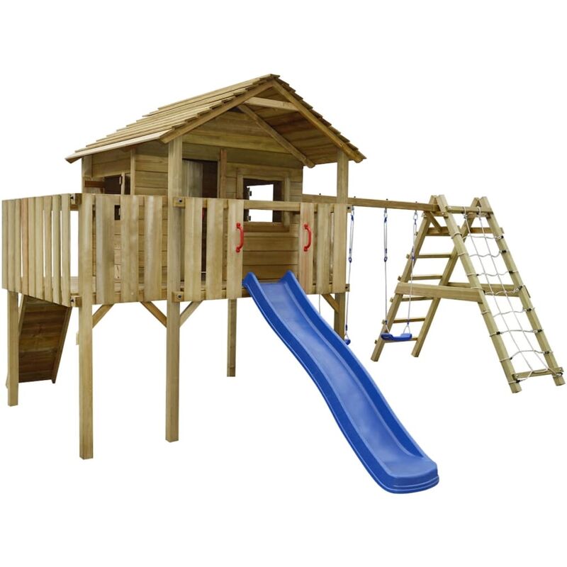 Aire de jeu, filet d'escalade, toboggan, balançoires Bois