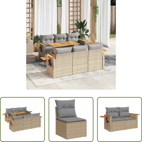 vidaXL Akazienholz -  7-tlg. Garten-Sofagarnitur mit Kissen Beige Poly Rattan Akazie