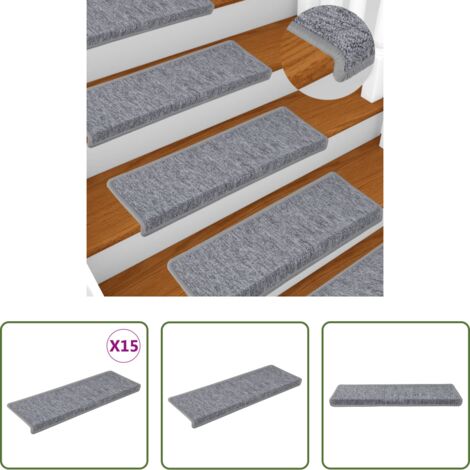 vidaXL Alfombras para escaleras de piso -  Alfombrillas para escaleras 15 unidades 65x21x4 cm Gris claro Borde rectangular